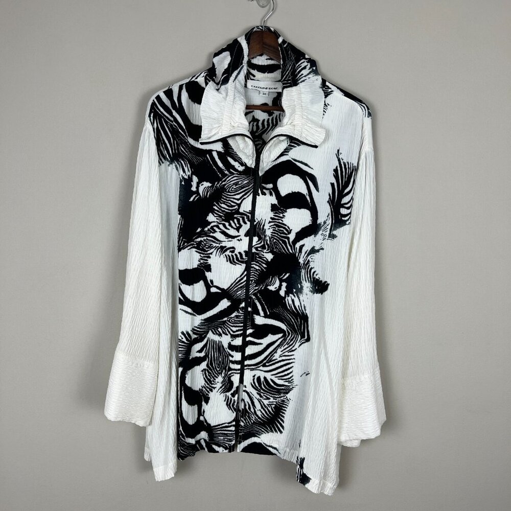 CAROLINE ROSE Jacket Topper Womens 3X White Black Textured Zip Up Artsy Animal‎